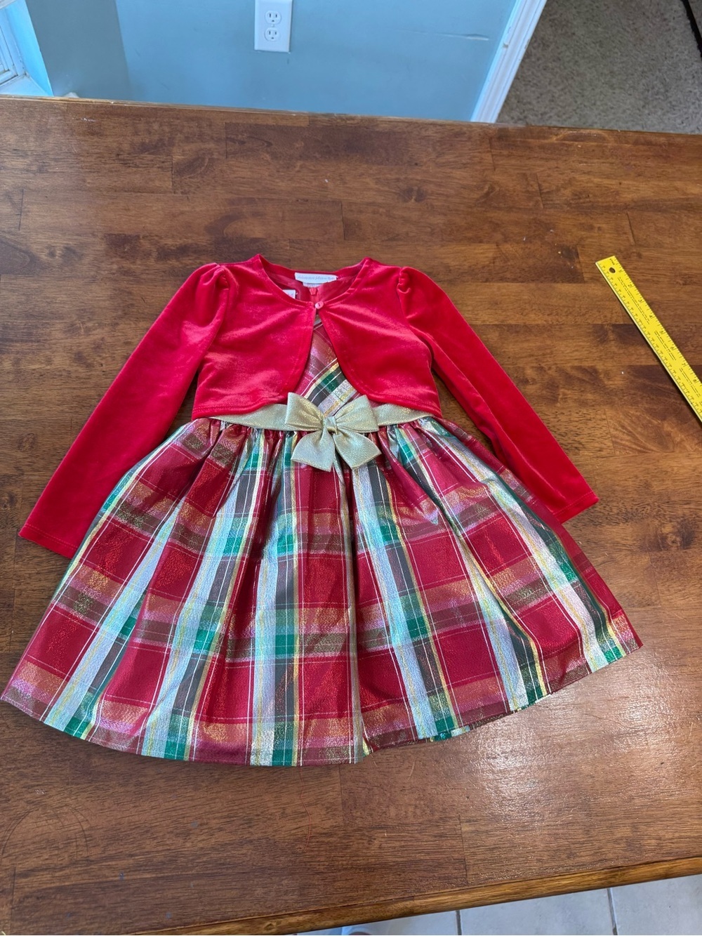 NWT Bonnie Jean Toddler Girls Red Plaid Christmas Dress & Velvet Cardigan Set 3T
